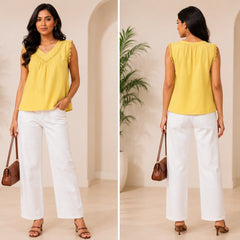 Bright Yellow V-Neck Crochet Lace Top | Women's Casual Summer Blouse