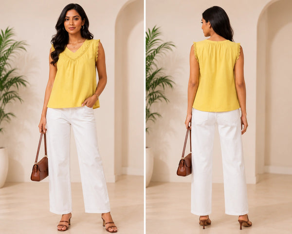 Bright Yellow V-Neck Crochet Lace Top | Women's Casual Summer Blouse