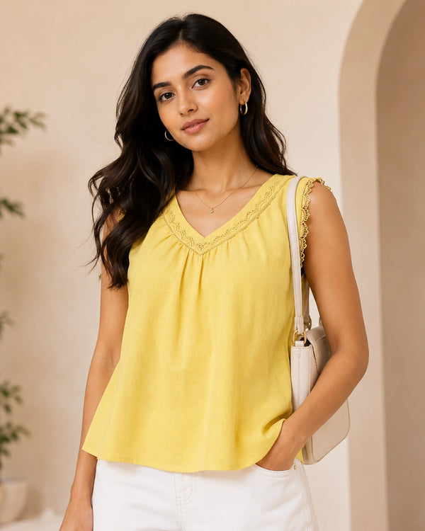 Bright Yellow V-Neck Crochet Lace Top | Women's Casual Summer Blouse