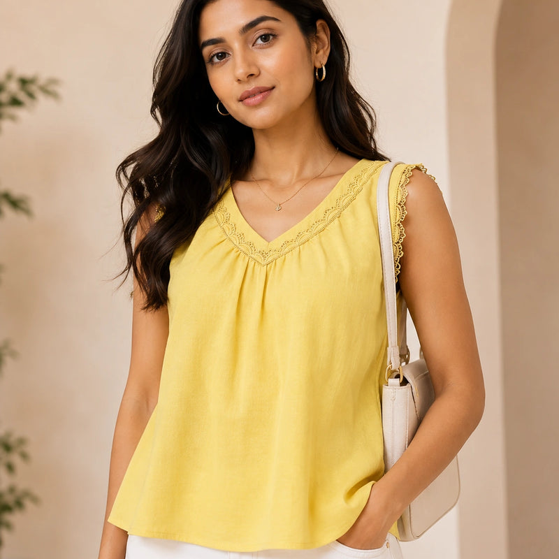 Bright Yellow V-Neck Crochet Lace Top | Women's Casual Summer Blouse