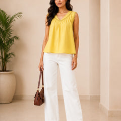 Bright Yellow V-Neck Crochet Lace Top | Women's Casual Summer Blouse