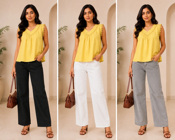 Bright Yellow V-Neck Crochet Lace Top | Women's Casual Summer Blouse