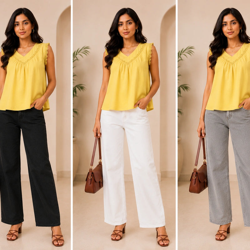 Bright Yellow V-Neck Crochet Lace Top | Women's Casual Summer Blouse