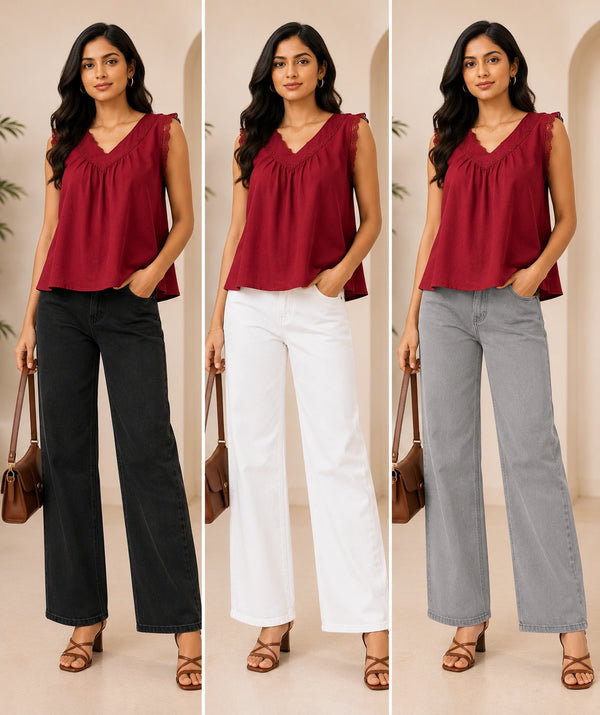 Deep Wine V-Neck Crochet Lace Top | Women's Casual Summer Blouse