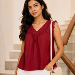 Deep Wine V-Neck Crochet Lace Top | Women's Casual Summer Blouse