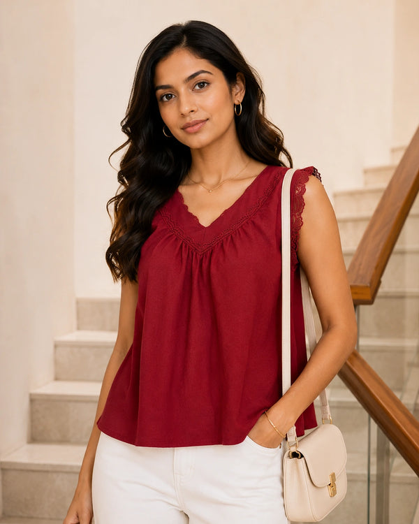 Deep Wine V-Neck Crochet Lace Top | Women's Casual Summer Blouse