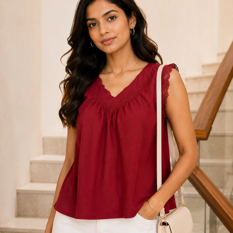 Deep Wine V-Neck Crochet Lace Top | Women's Casual Summer Blouse
