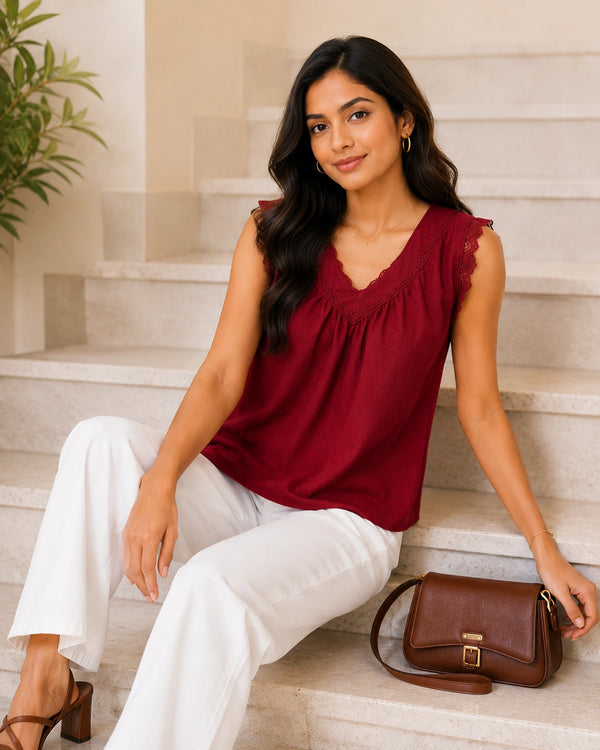 Deep Wine V-Neck Crochet Lace Top | Women's Casual Summer Blouse