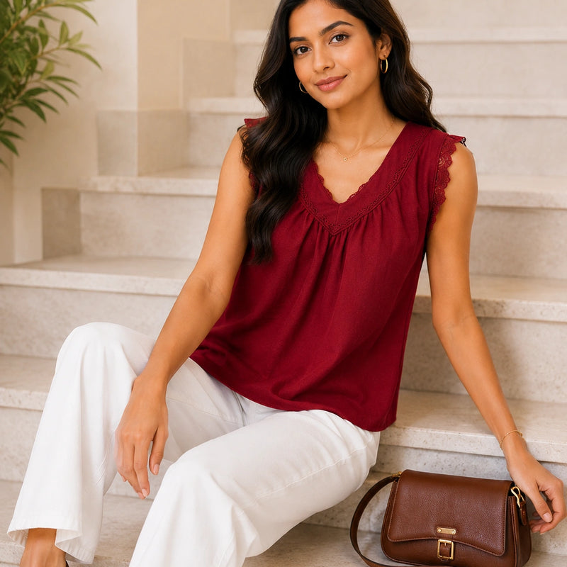 Deep Wine V-Neck Crochet Lace Top | Women's Casual Summer Blouse