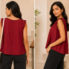 Deep Wine V-Neck Crochet Lace Top | Women's Casual Summer Blouse