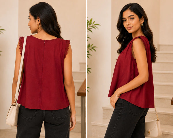 Deep Wine V-Neck Crochet Lace Top | Women's Casual Summer Blouse