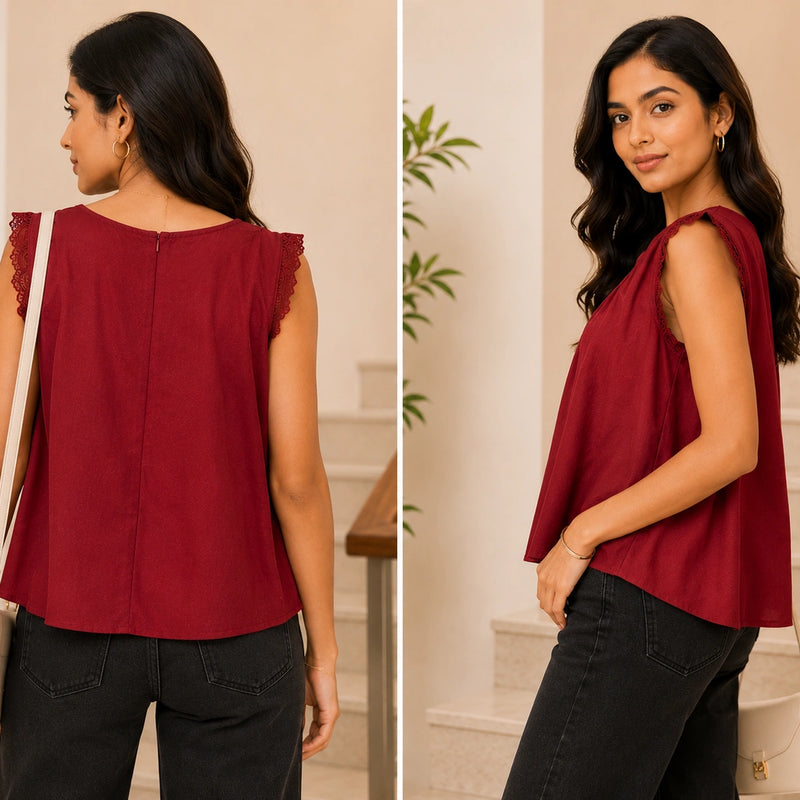 Deep Wine V-Neck Crochet Lace Top | Women's Casual Summer Blouse