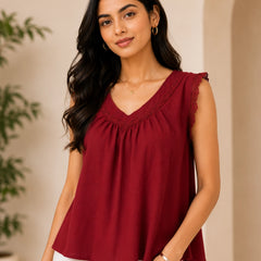 Deep Wine V-Neck Crochet Lace Top | Women's Casual Summer Blouse