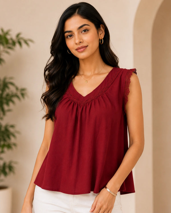 Deep Wine V-Neck Crochet Lace Top | Women's Casual Summer Blouse