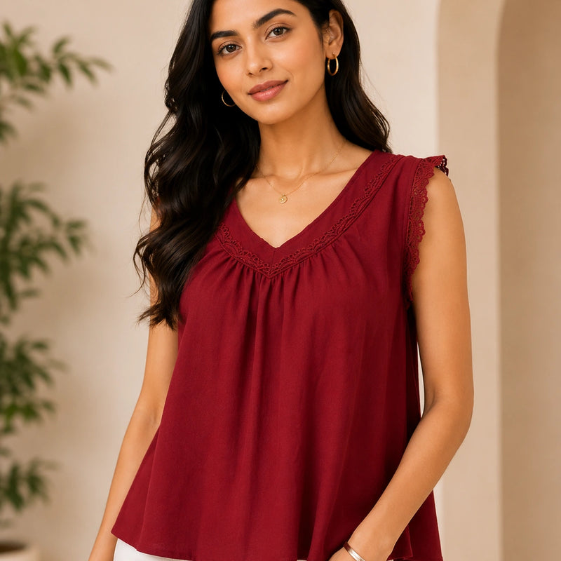 Deep Wine V-Neck Crochet Lace Top | Women's Casual Summer Blouse