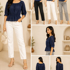 Navy Blue Eyelet Schiffli Peplum Top | Women's Casual Summer Blouse