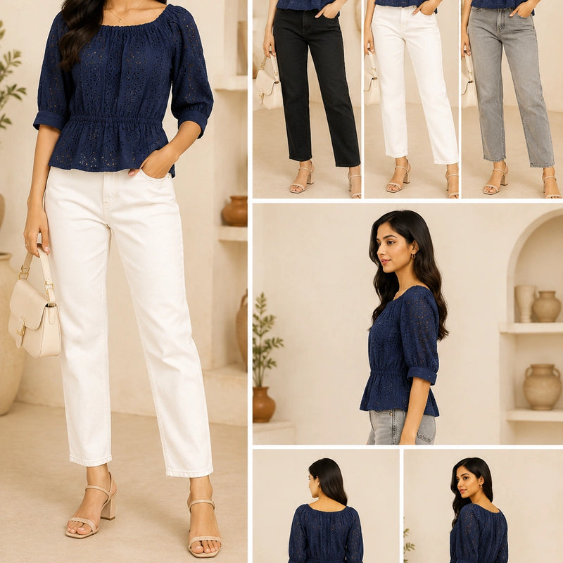 Navy Blue Eyelet Schiffli Peplum Top | Women's Casual Summer Blouse