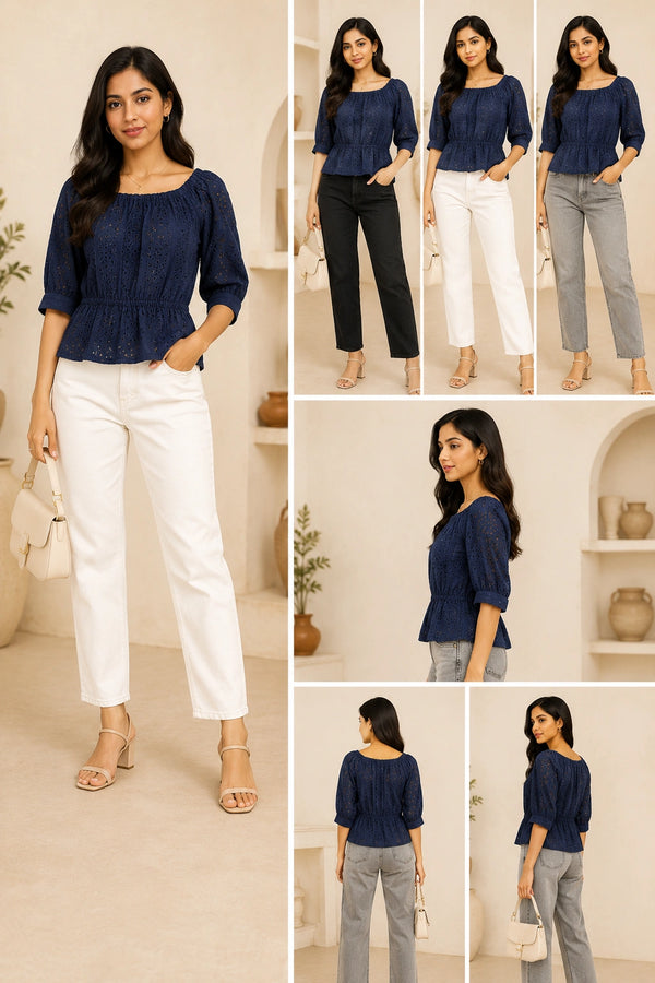 Navy Blue Eyelet Schiffli Peplum Top | Women's Casual Summer Blouse