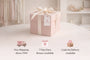Pink gift box with a bow on a white surface, surrounded by text about shipping, return policy, and payment options.