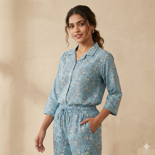 Women's Powder Blue Geometric Co-ord Set | Summer 2-Piece Outfit