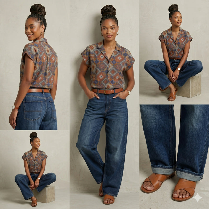 Vintage Geometric Print Button-Down Shirt with Notch Collar