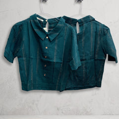 Teal Blue Cotton Shirt with Gold Stripe Detail
