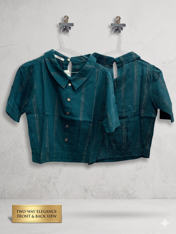 Teal Blue Cotton Shirt with Gold Stripe Detail