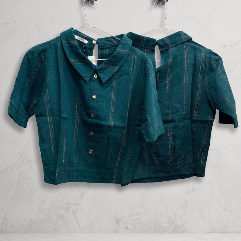 Teal Blue Cotton Shirt with Gold Stripe Detail