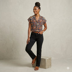 Vintage Geometric Print Button-Down Shirt with Notch Collar