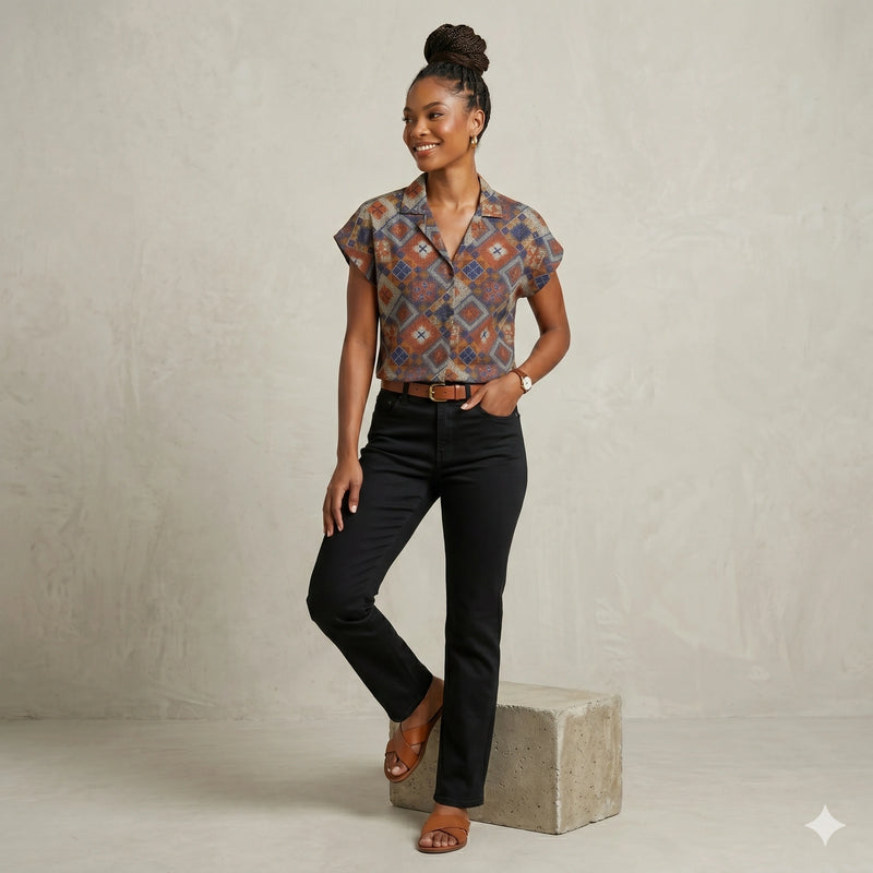 Vintage Geometric Print Button-Down Shirt with Notch Collar