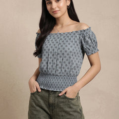 Grey Floral Off-Shoulder Smocked Top with Silver Accents