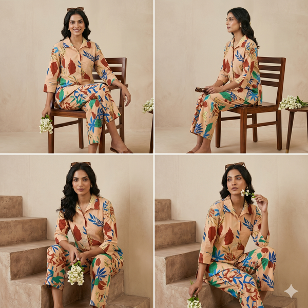 Peach Tropical Botanical Leaf Print Co-ord Set | Summer 2-Piece Outfit