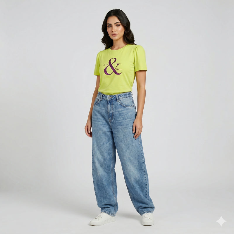 Empowering Lime Green Puff Sleeve Graphic Tee for Women | Casual Inspirational Wear