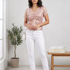 Shiny Rose Gold Party Top with Front Gathered Detail