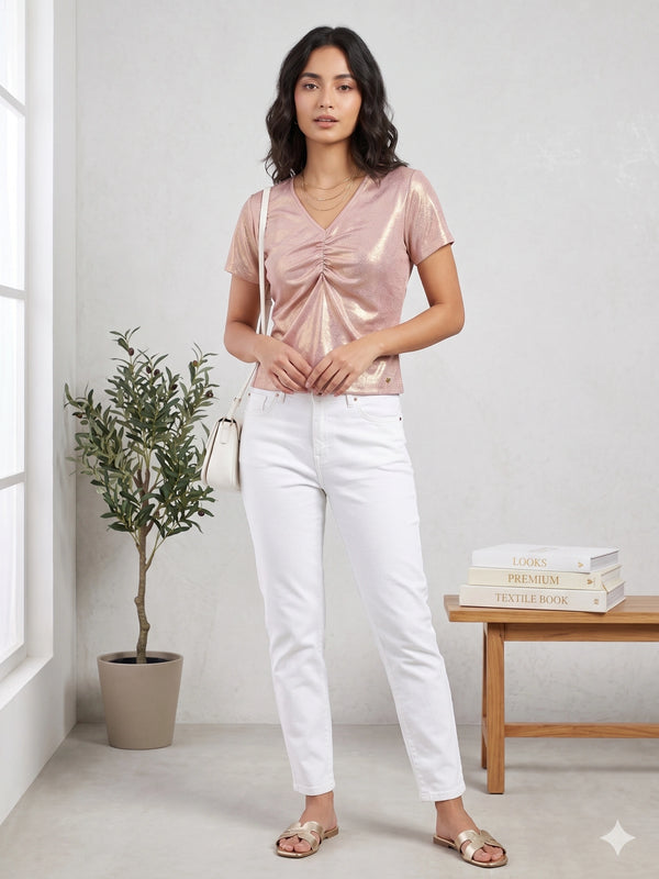 Shiny Rose Gold Party Top with Front Gathered Detail