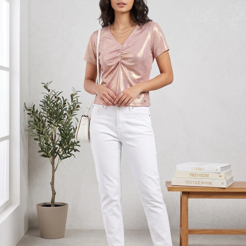 Shiny Rose Gold Party Top with Front Gathered Detail