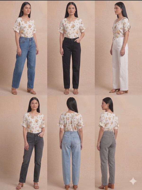 Cream Multi-Floral Gathered Blouse | Women's Casual Summer Top