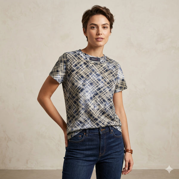 Abstract Cross-Hatch Print Crew Neck Tee for Women | Modern Casual Styling