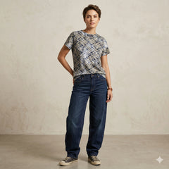 Abstract Cross-Hatch Print Crew Neck Tee for Women | Modern Casual Styling