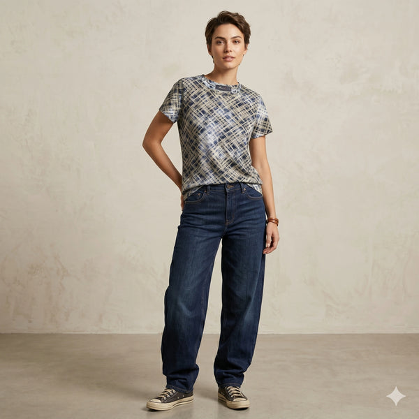 Abstract Cross-Hatch Print Crew Neck Tee for Women | Modern Casual Styling