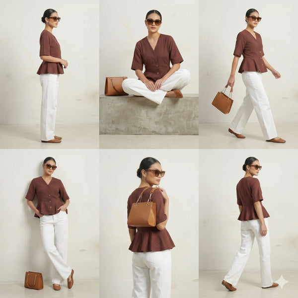 Elegant Maroon Peplum Button-Down Top with V-Neck