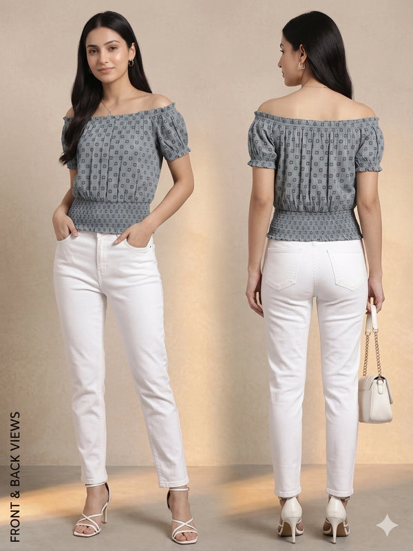 Grey Floral Off-Shoulder Smocked Top with Silver Accents