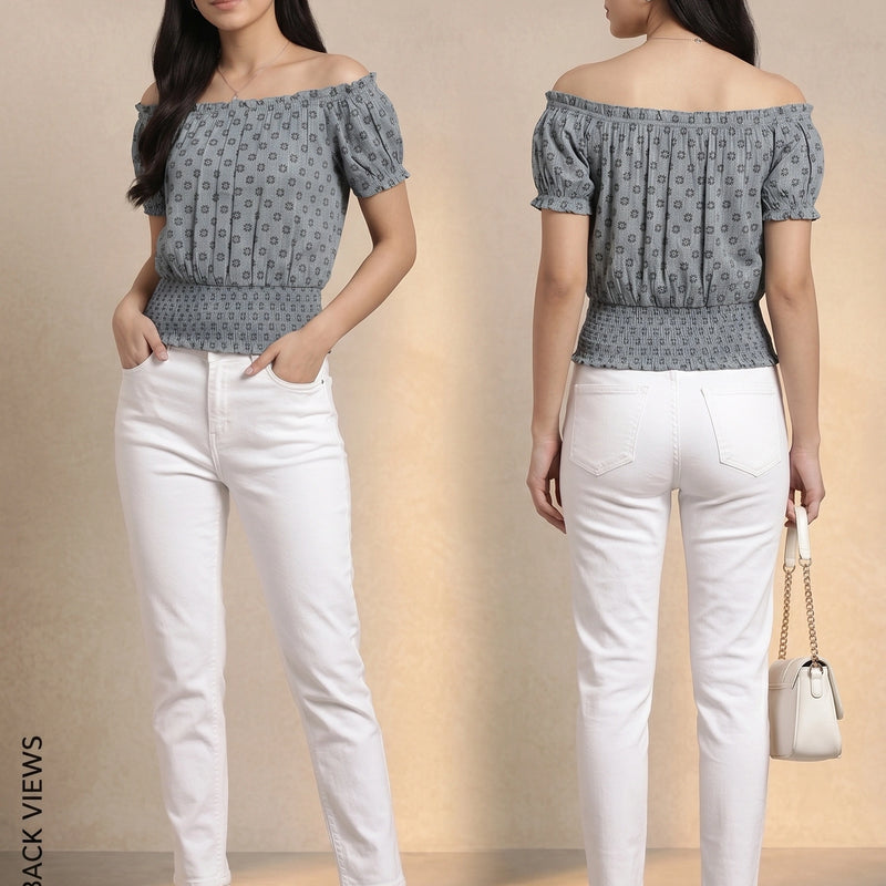 Grey Floral Off-Shoulder Smocked Top with Silver Accents