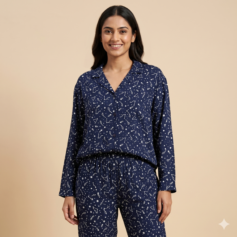 Women Navy Blue Printed Co-Ord Set – Soft Nightwear & Loungewear Set