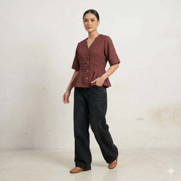 Elegant Maroon Peplum Button-Down Top with V-Neck