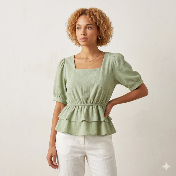 Sage Green Square Neck Tiered Peplum Top