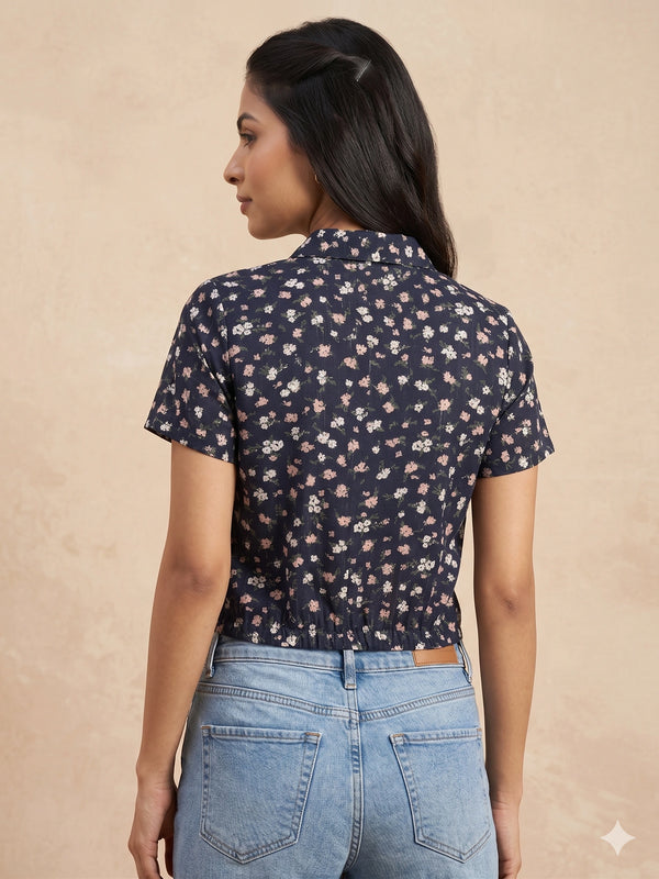 Floral Print Collared Button-Down Shirt for Women