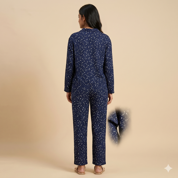 Women Navy Blue Printed Co-Ord Set – Soft Nightwear & Loungewear Set
