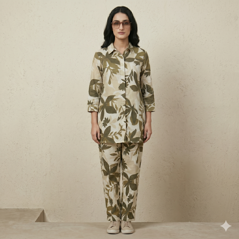 Women's Olive Leaf Print Co-ord Set | Botanical 2-Piece Outfit