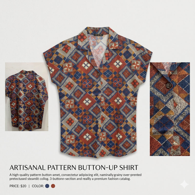 Vintage Geometric Print Button-Down Shirt with Notch Collar